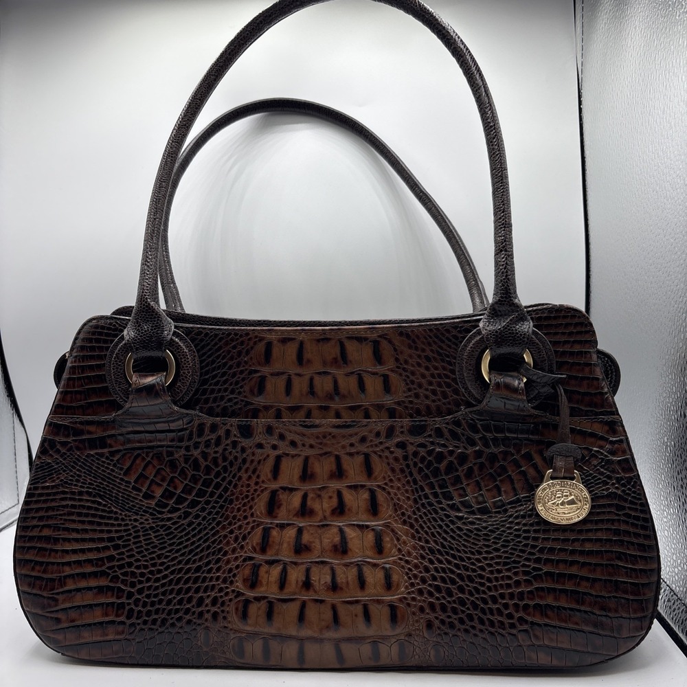 Brahmin Brown Crocodile Embossed Satchel Bag Charm Gold Hardware Women's